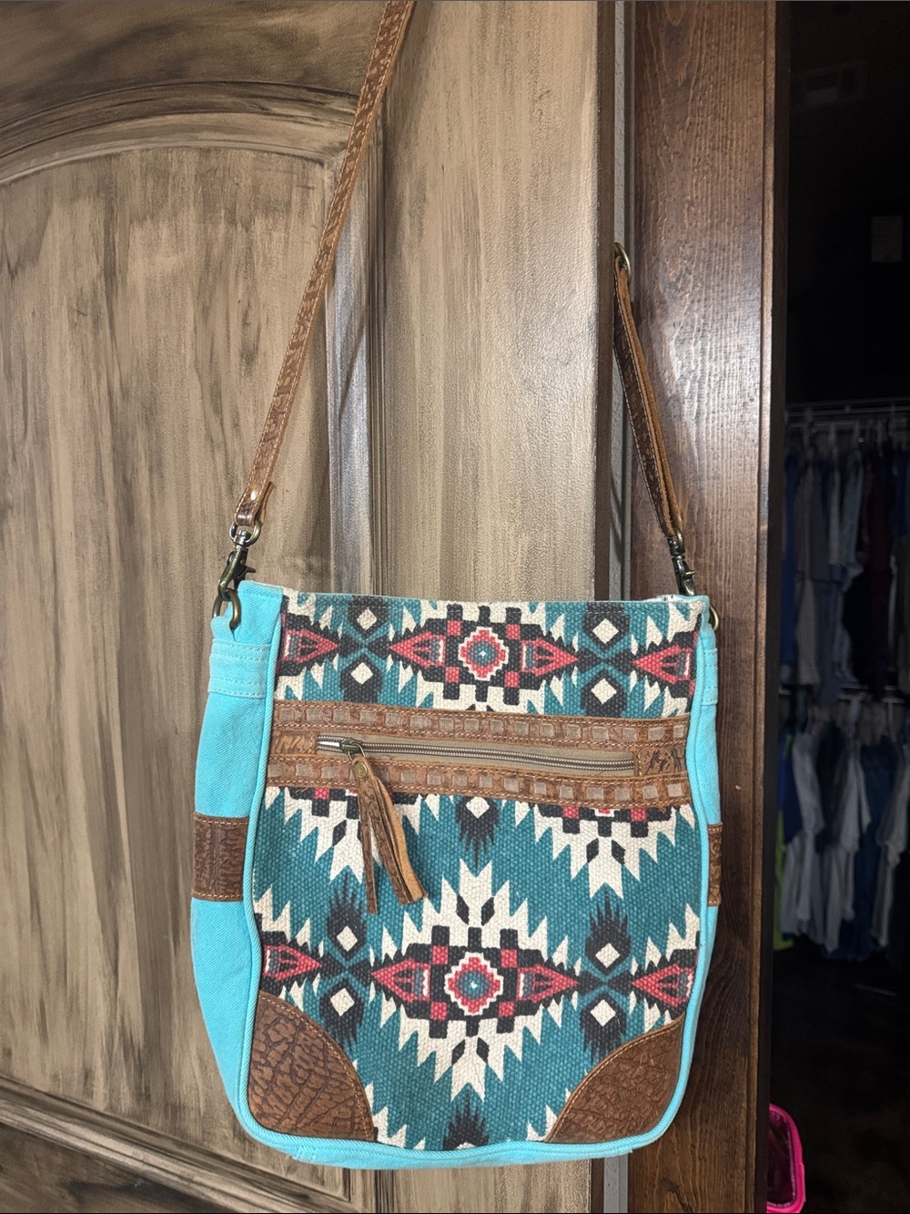 Myra Western Turquoise Aztec Crossbody Bag with Brown Trim